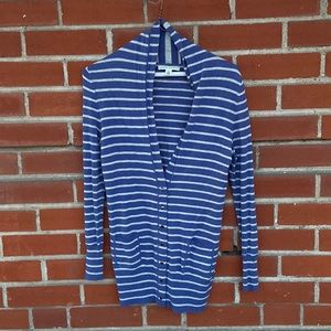 Banana Republic button up v-neck cardigan with blue and gray stripes